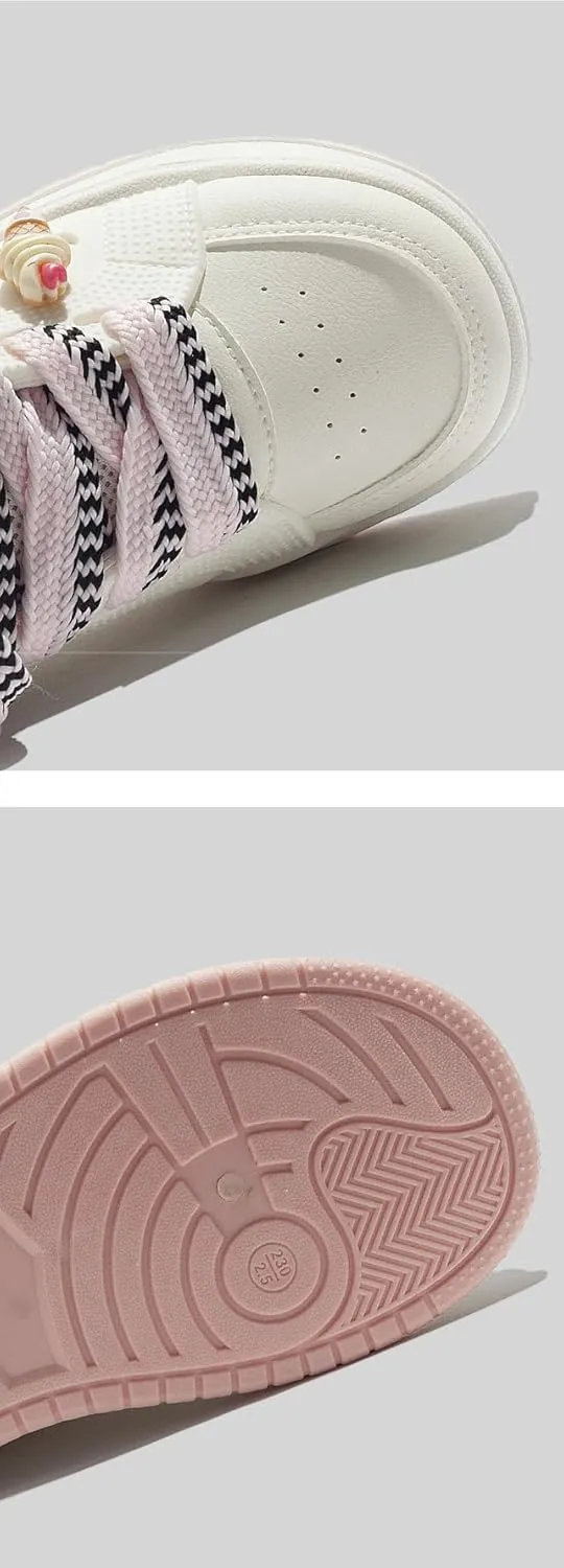 Ice Cream Bear Donut Charms Retro Sneakers - Chunky Platform Cute Shoes for Women & Girls, Comfy Thick Sole White Trainers for Campus Walks, Y2K Minimalist Streetwear Aesthetic, Back to School