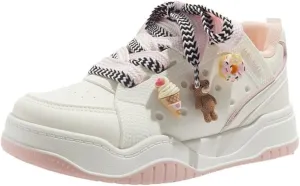 Ice Cream Bear Donut Charms Retro Sneakers - Chunky Platform Cute Shoes for Women & Girls, Comfy Thick Sole White Trainers for Campus Walks, Y2K Minimalist Streetwear Aesthetic, Back to School