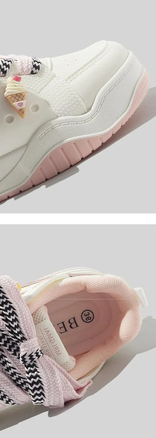 Ice Cream Bear Donut Charms Retro Sneakers - Chunky Platform Cute Shoes for Women & Girls, Comfy Thick Sole White Trainers for Campus Walks, Y2K Minimalist Streetwear Aesthetic, Back to School
