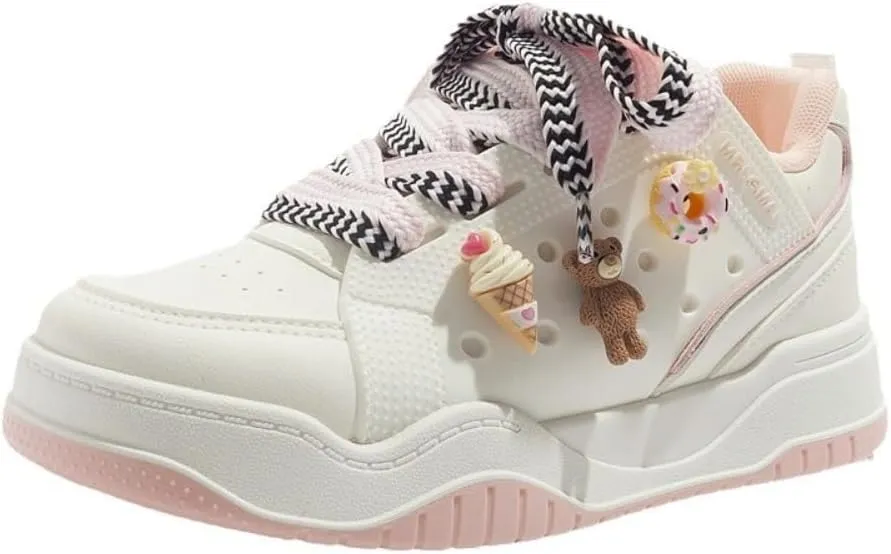 Ice Cream Bear Donut Charms Retro Sneakers - Chunky Platform Cute Shoes for Women & Girls, Comfy Thick Sole White Trainers for Campus Walks, Y2K Minimalist Streetwear Aesthetic, Back to School