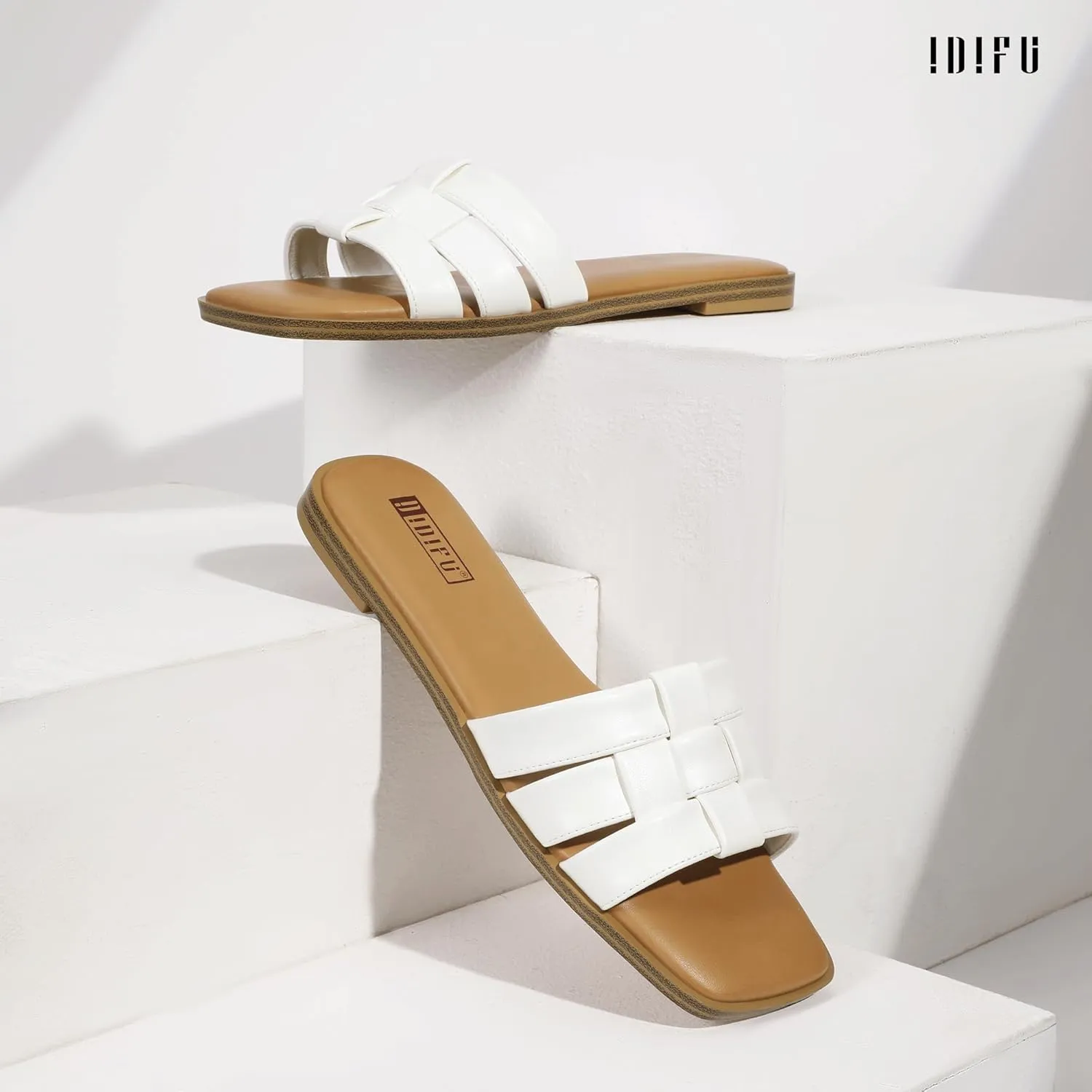IDIFU Braided Flat Sandals for Women Square Open Toe Slip On Slide Sandals Backless Strappy Dress Sandals for Ladies Brides Summer Beach Wedding Dressy Casual Comfortable Trendy Cute Slides Sandals