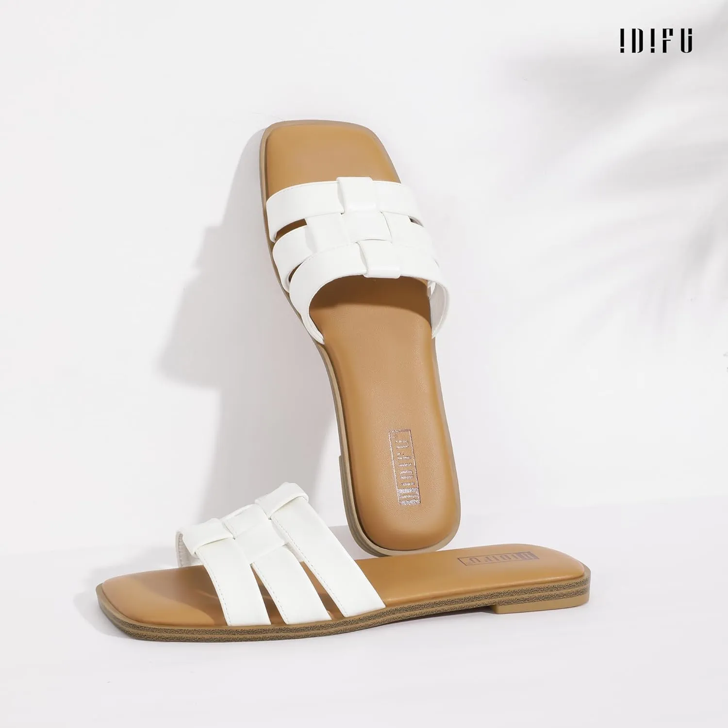 IDIFU Braided Flat Sandals for Women Square Open Toe Slip On Slide Sandals Backless Strappy Dress Sandals for Ladies Brides Summer Beach Wedding Dressy Casual Comfortable Trendy Cute Slides Sandals