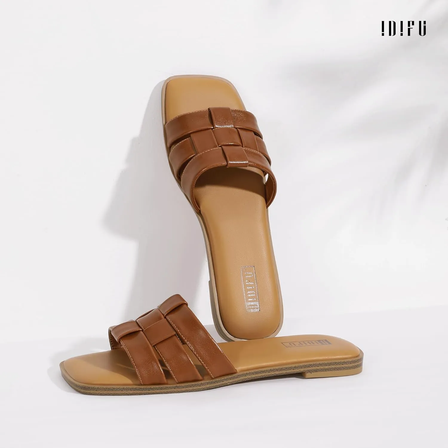 IDIFU Braided Flat Sandals for Women Square Open Toe Slip On Slide Sandals Backless Strappy Dress Sandals for Ladies Brides Summer Beach Wedding Dressy Casual Comfortable Trendy Cute Slides Sandals