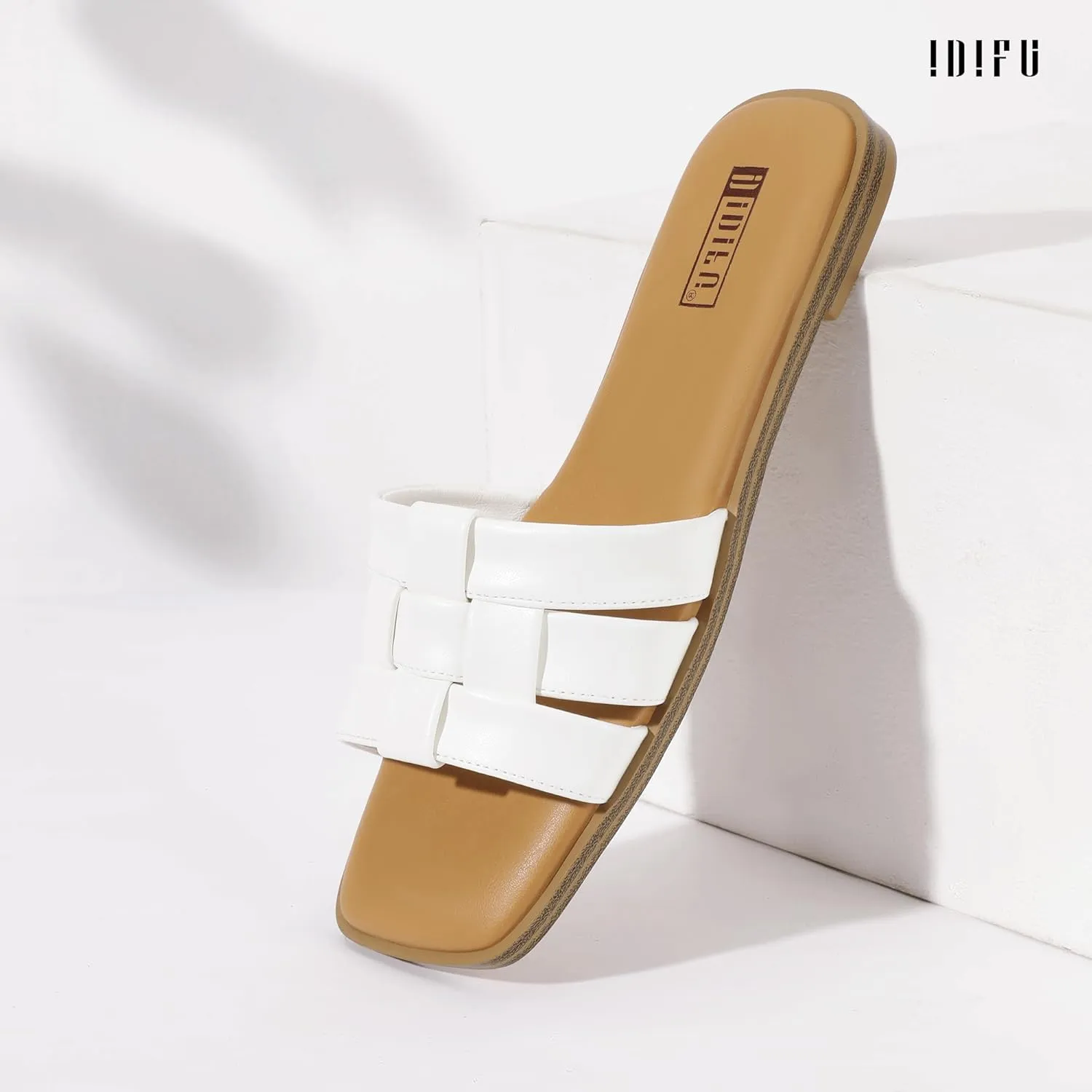IDIFU Braided Flat Sandals for Women Square Open Toe Slip On Slide Sandals Backless Strappy Dress Sandals for Ladies Brides Summer Beach Wedding Dressy Casual Comfortable Trendy Cute Slides Sandals