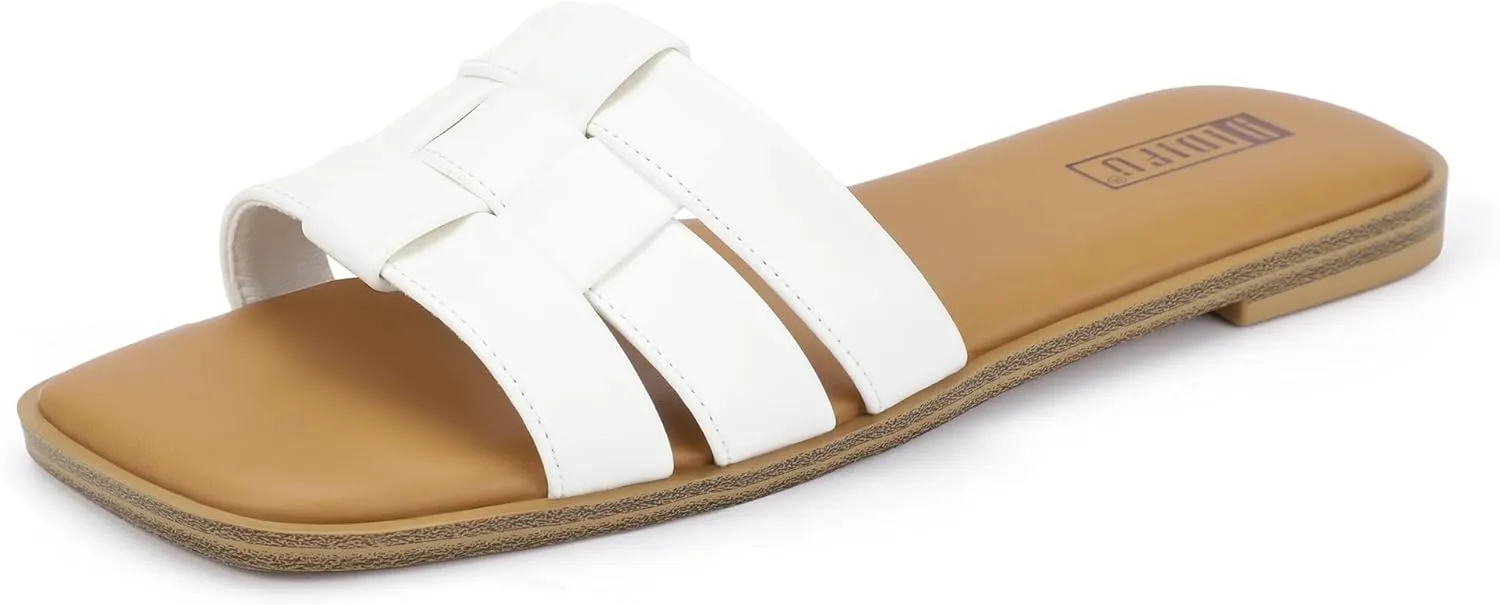 IDIFU Braided Flat Sandals for Women Square Open Toe Slip On Slide Sandals Backless Strappy Dress Sandals for Ladies Brides Summer Beach Wedding Dressy Casual Comfortable Trendy Cute Slides Sandals