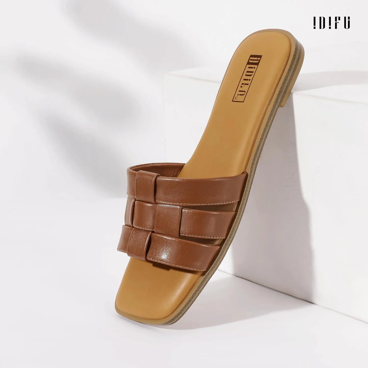 IDIFU Braided Flat Sandals for Women Square Open Toe Slip On Slide Sandals Backless Strappy Dress Sandals for Ladies Brides Summer Beach Wedding Dressy Casual Comfortable Trendy Cute Slides Sandals