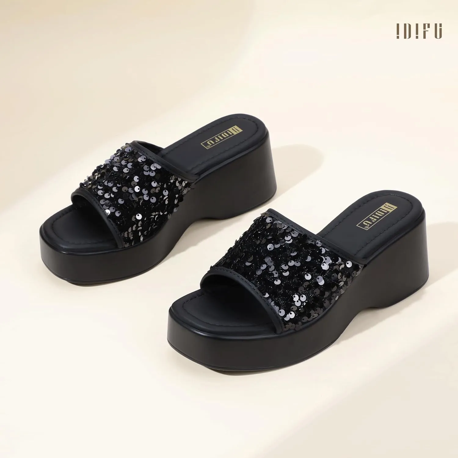 IDIFU IN3 Platform Sandals Wedge Sandals for Women Sparkly Low Chunky Slides Sandals Summer Beach Cute Comfortable Slip On Wedges Square Open Toe Trendy Small Dressy Womens Sandals