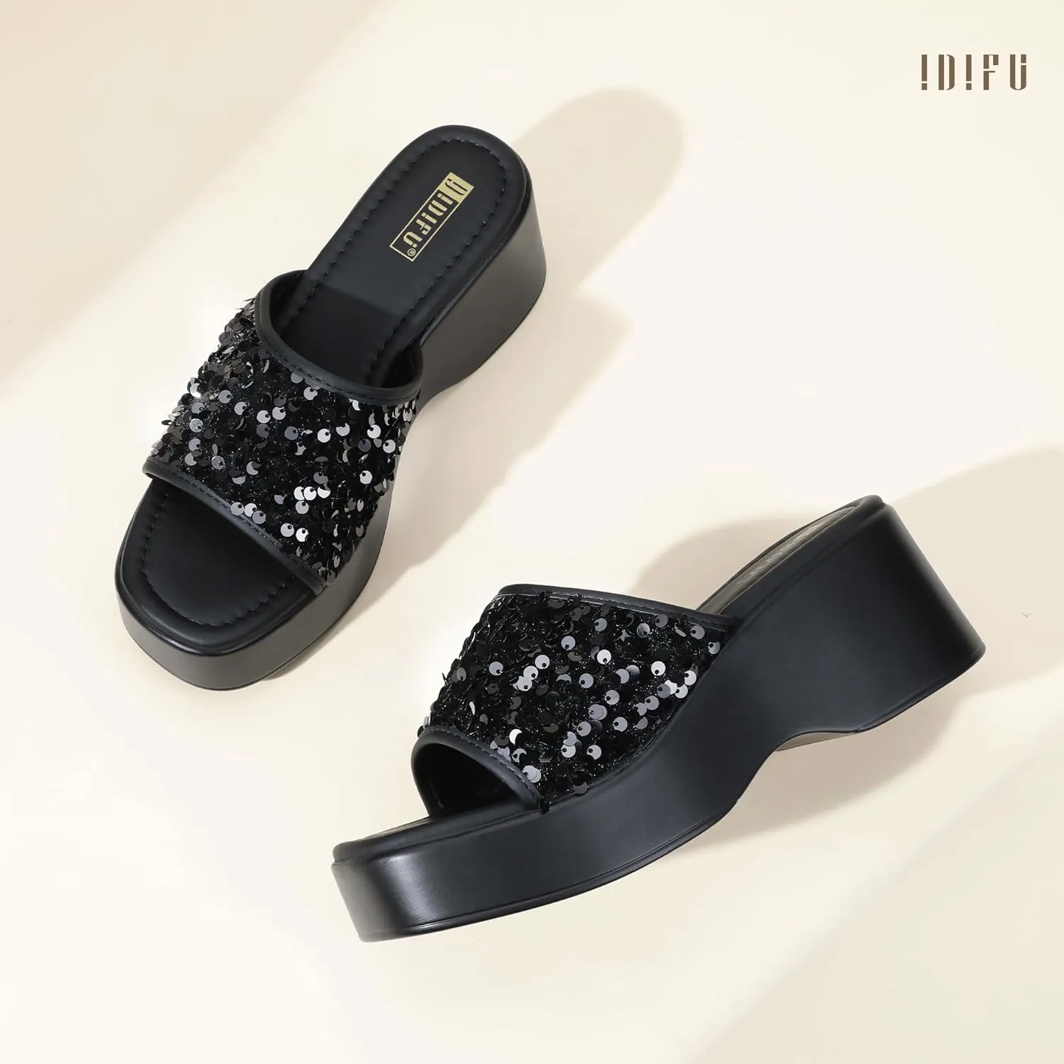 IDIFU IN3 Platform Sandals Wedge Sandals for Women Sparkly Low Chunky Slides Sandals Summer Beach Cute Comfortable Slip On Wedges Square Open Toe Trendy Small Dressy Womens Sandals