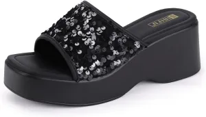 IDIFU IN3 Platform Sandals Wedge Sandals for Women Sparkly Low Chunky Slides Sandals Summer Beach Cute Comfortable Slip On Wedges Square Open Toe Trendy Small Dressy Womens Sandals