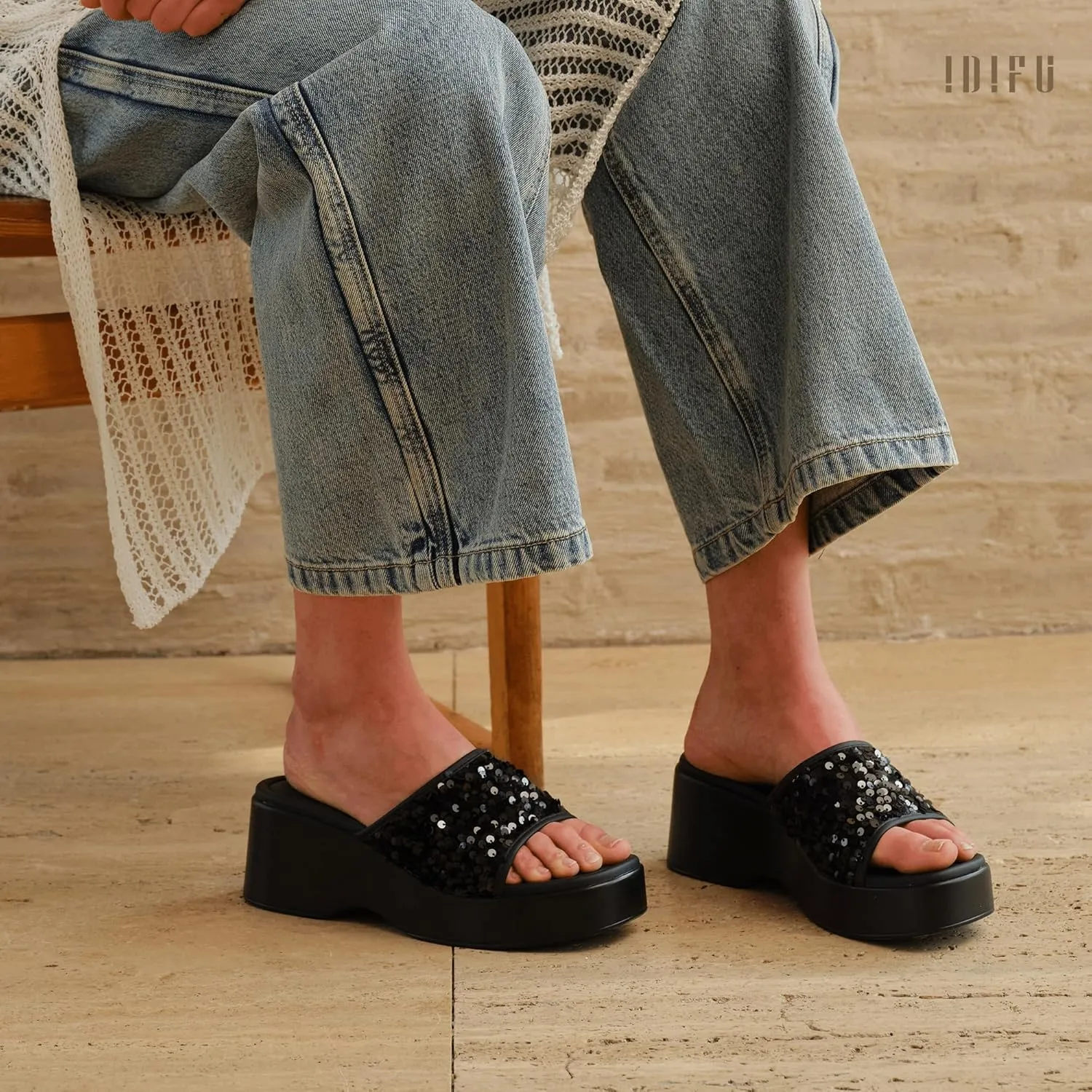 IDIFU IN3 Platform Sandals Wedge Sandals for Women Sparkly Low Chunky Slides Sandals Summer Beach Cute Comfortable Slip On Wedges Square Open Toe Trendy Small Dressy Womens Sandals