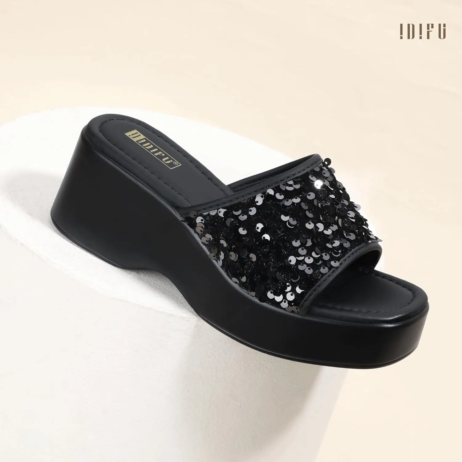 IDIFU IN3 Platform Sandals Wedge Sandals for Women Sparkly Low Chunky Slides Sandals Summer Beach Cute Comfortable Slip On Wedges Square Open Toe Trendy Small Dressy Womens Sandals