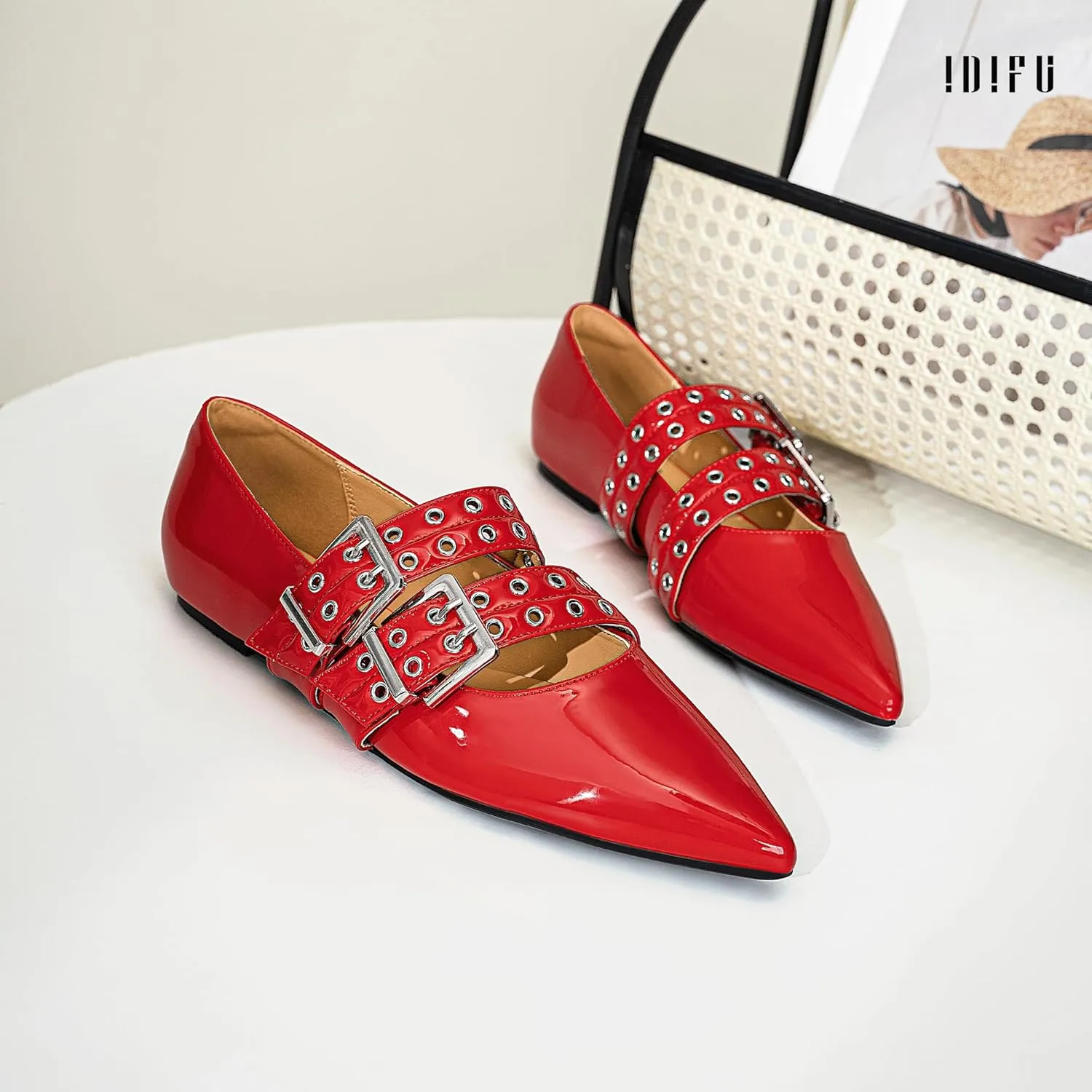 IDIFU Mary Jane Ballet Flats for Women Closed Pointed Toe Double Straps Slip on Buckle Shoes Work Bridal Wedding Prom Office Ladies Casual Dress Shoes Comfortable Fashion Trendy Dressy Flat Shoes