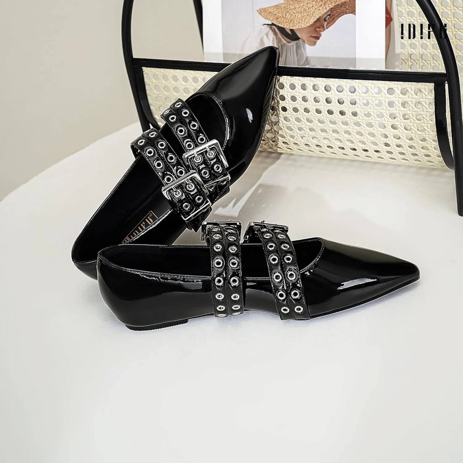 IDIFU Mary Jane Ballet Flats for Women Closed Pointed Toe Double Straps Slip on Buckle Shoes Work Bridal Wedding Prom Office Ladies Casual Dress Shoes Comfortable Fashion Trendy Dressy Flat Shoes