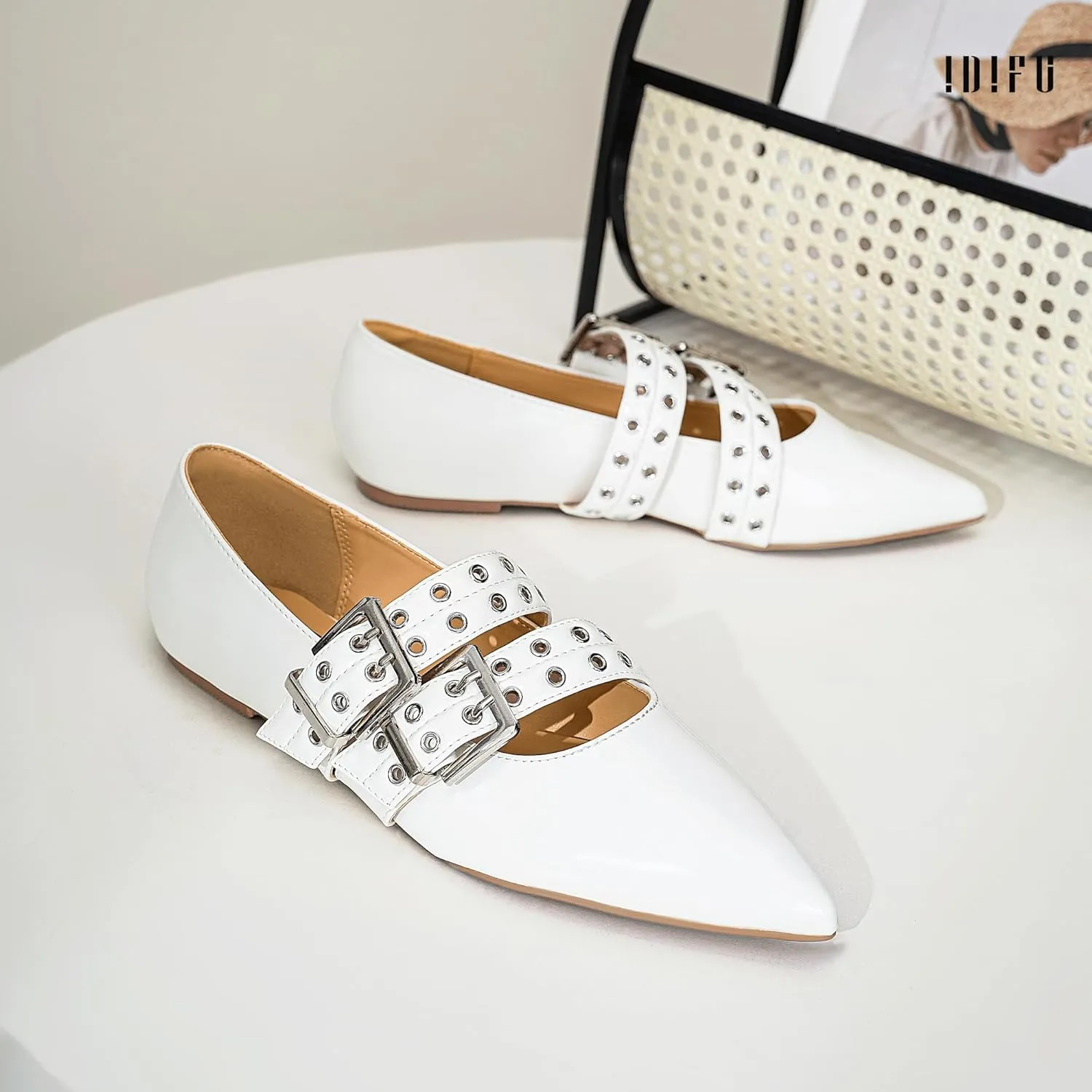 IDIFU Mary Jane Ballet Flats for Women Closed Pointed Toe Double Straps Slip on Buckle Shoes Work Bridal Wedding Prom Office Ladies Casual Dress Shoes Comfortable Fashion Trendy Dressy Flat Shoes