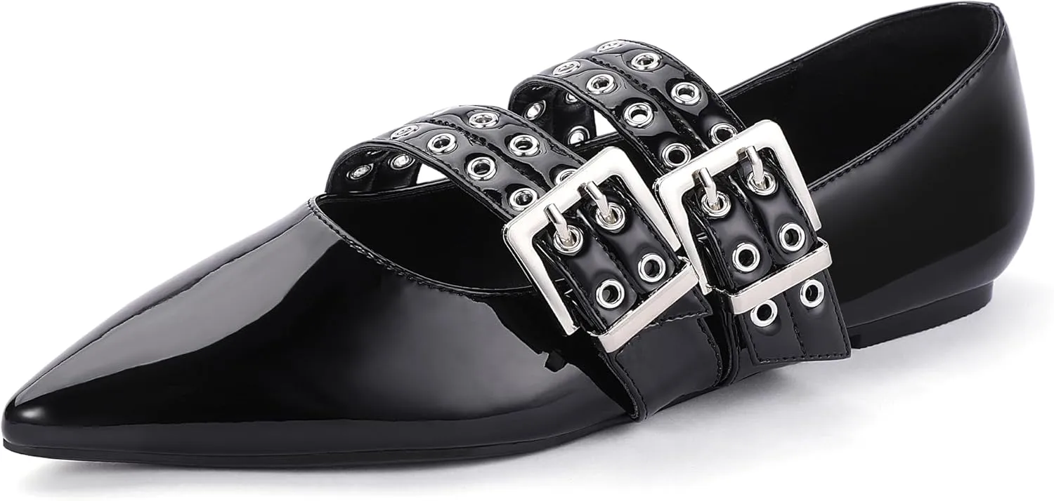 IDIFU Mary Jane Ballet Flats for Women Closed Pointed Toe Double Straps Slip on Buckle Shoes Work Bridal Wedding Prom Office Ladies Casual Dress Shoes Comfortable Fashion Trendy Dressy Flat Shoes