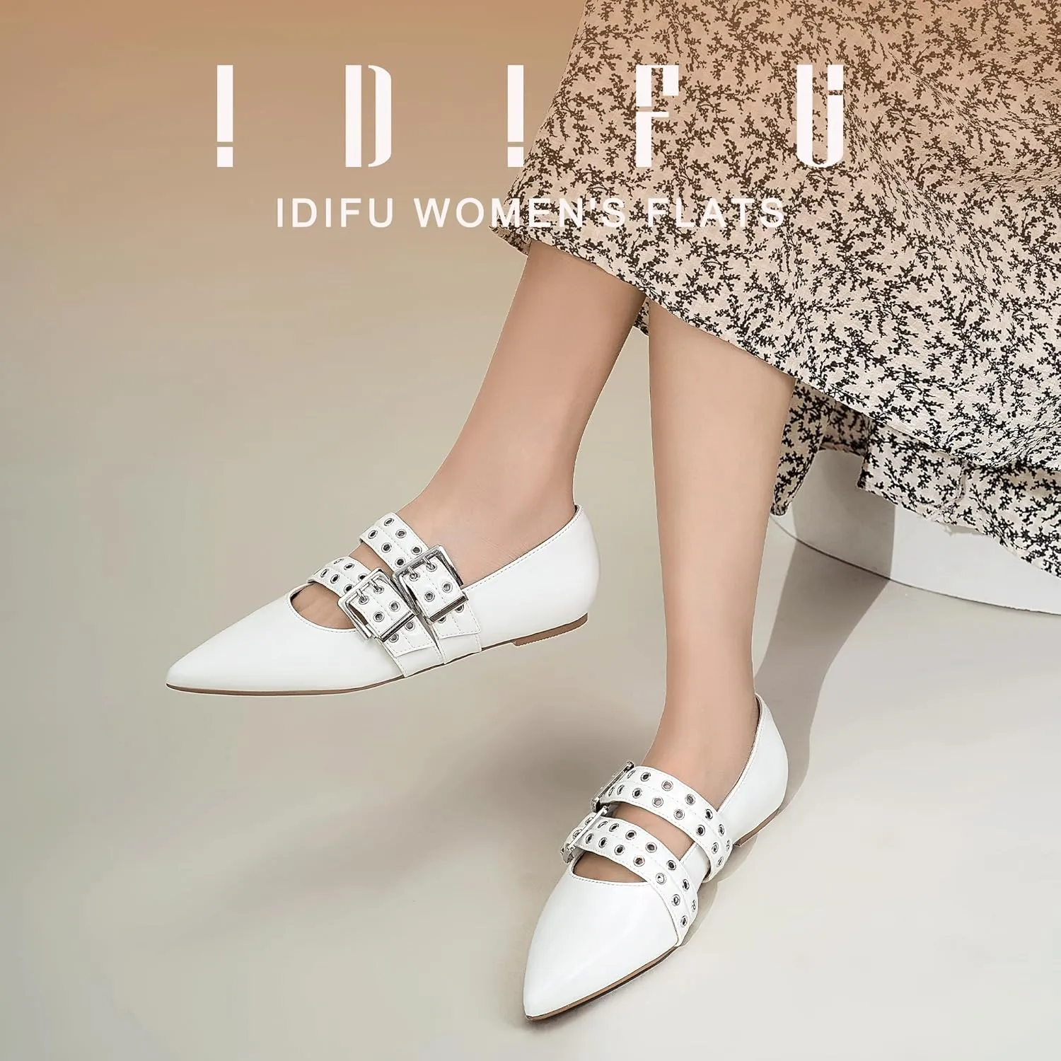 IDIFU Mary Jane Ballet Flats for Women Closed Pointed Toe Double Straps Slip on Buckle Shoes Work Bridal Wedding Prom Office Ladies Casual Dress Shoes Comfortable Fashion Trendy Dressy Flat Shoes
