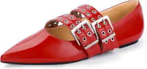 IDIFU Mary Jane Ballet Flats for Women Closed Pointed Toe Double Straps Slip on Buckle Shoes Work Bridal Wedding Prom Office Ladies Casual Dress Shoes Comfortable Fashion Trendy Dressy Flat Shoes