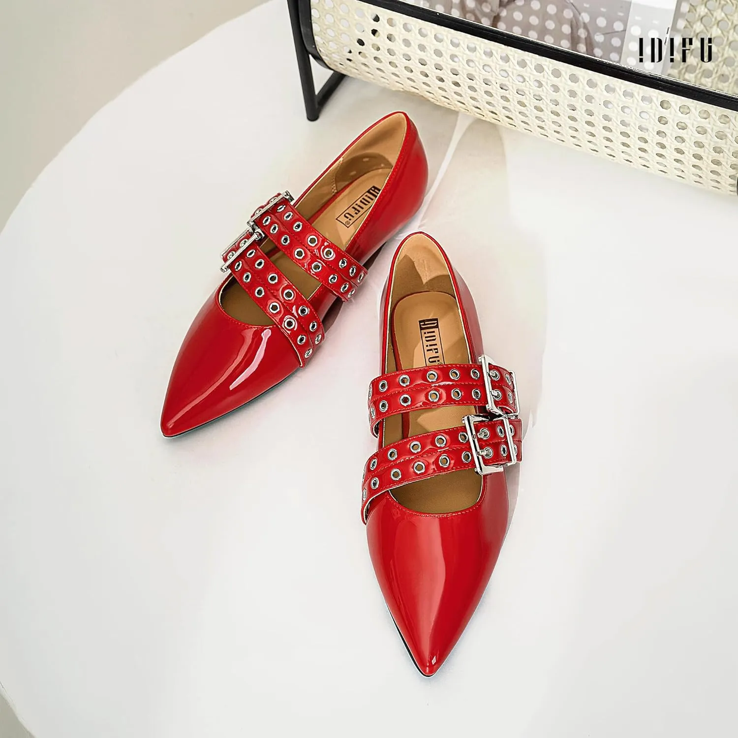 IDIFU Mary Jane Ballet Flats for Women Closed Pointed Toe Double Straps Slip on Buckle Shoes Work Bridal Wedding Prom Office Ladies Casual Dress Shoes Comfortable Fashion Trendy Dressy Flat Shoes