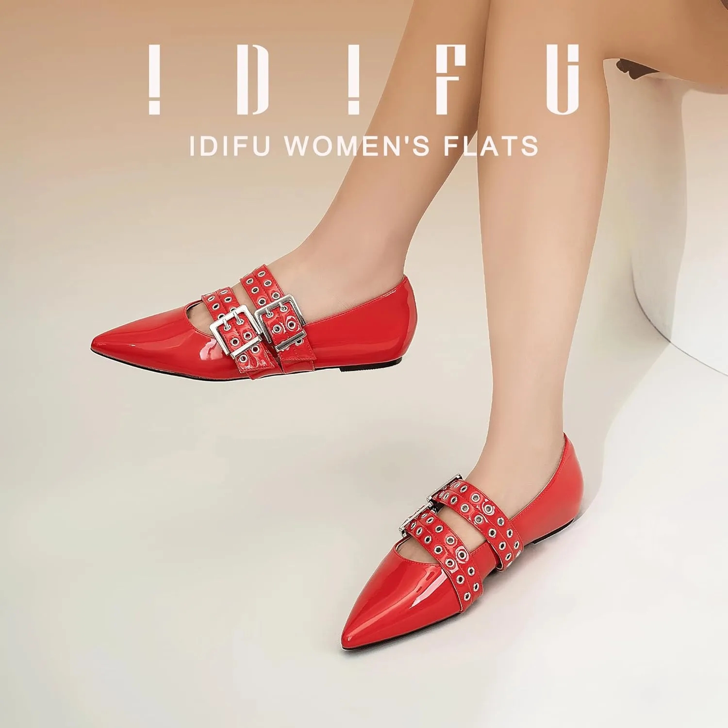 IDIFU Mary Jane Ballet Flats for Women Closed Pointed Toe Double Straps Slip on Buckle Shoes Work Bridal Wedding Prom Office Ladies Casual Dress Shoes Comfortable Fashion Trendy Dressy Flat Shoes