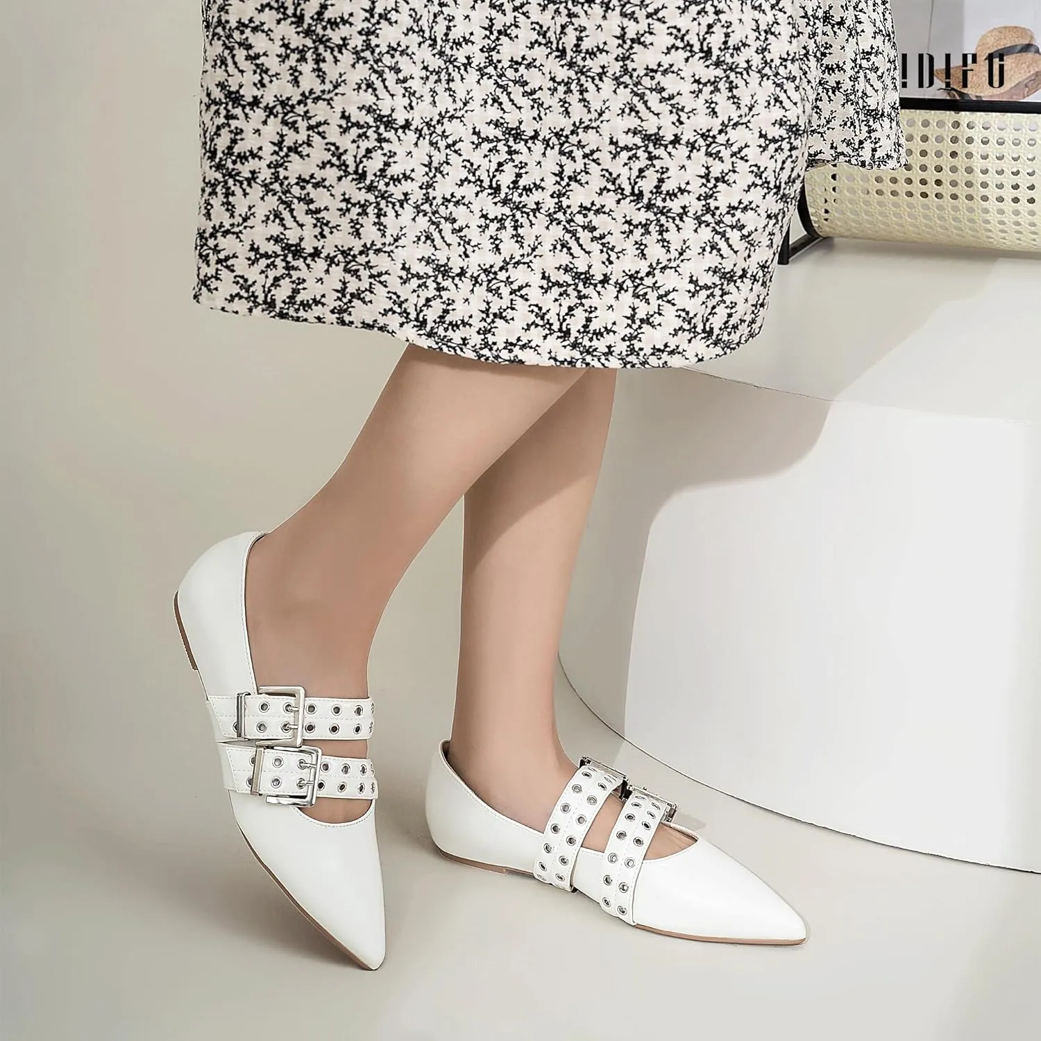 IDIFU Mary Jane Ballet Flats for Women Closed Pointed Toe Double Straps Slip on Buckle Shoes Work Bridal Wedding Prom Office Ladies Casual Dress Shoes Comfortable Fashion Trendy Dressy Flat Shoes
