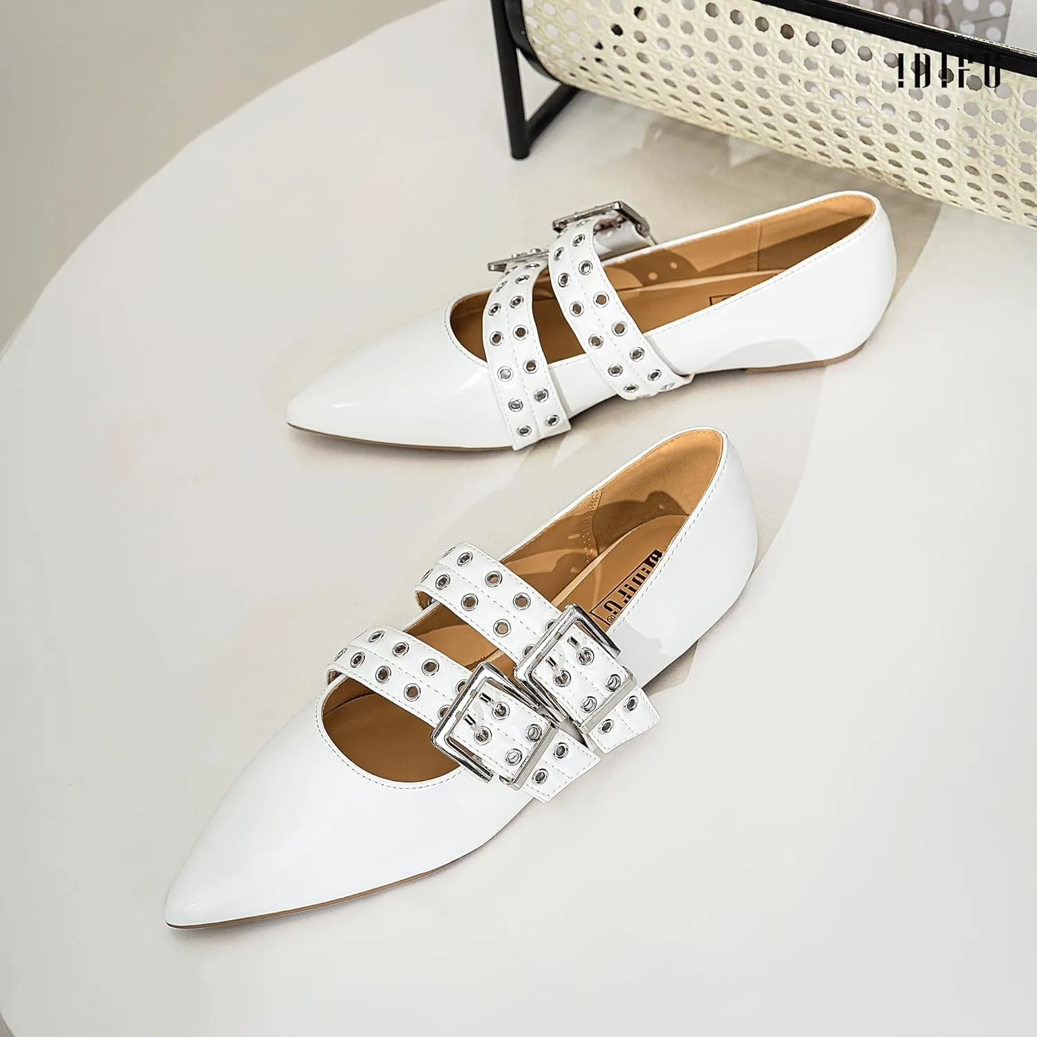 IDIFU Mary Jane Ballet Flats for Women Closed Pointed Toe Double Straps Slip on Buckle Shoes Work Bridal Wedding Prom Office Ladies Casual Dress Shoes Comfortable Fashion Trendy Dressy Flat Shoes