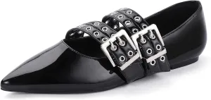 IDIFU Mary Jane Ballet Flats for Women Closed Pointed Toe Double Straps Slip on Buckle Shoes Work Bridal Wedding Prom Office Ladies Casual Dress Shoes Comfortable Fashion Trendy Dressy Flat Shoes