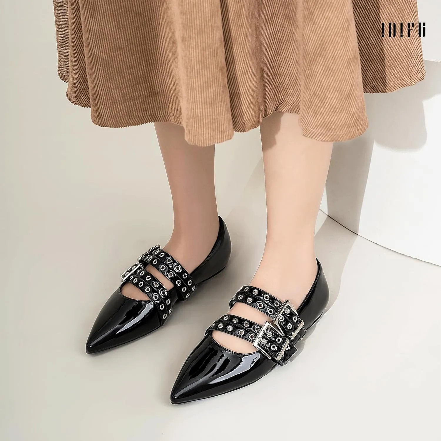 IDIFU Mary Jane Ballet Flats for Women Closed Pointed Toe Double Straps Slip on Buckle Shoes Work Bridal Wedding Prom Office Ladies Casual Dress Shoes Comfortable Fashion Trendy Dressy Flat Shoes