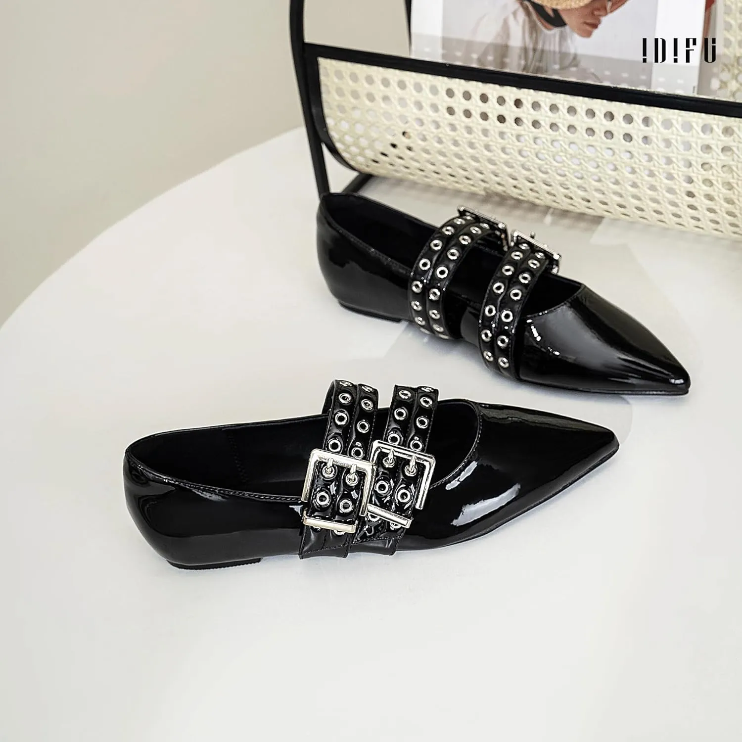 IDIFU Mary Jane Ballet Flats for Women Closed Pointed Toe Double Straps Slip on Buckle Shoes Work Bridal Wedding Prom Office Ladies Casual Dress Shoes Comfortable Fashion Trendy Dressy Flat Shoes