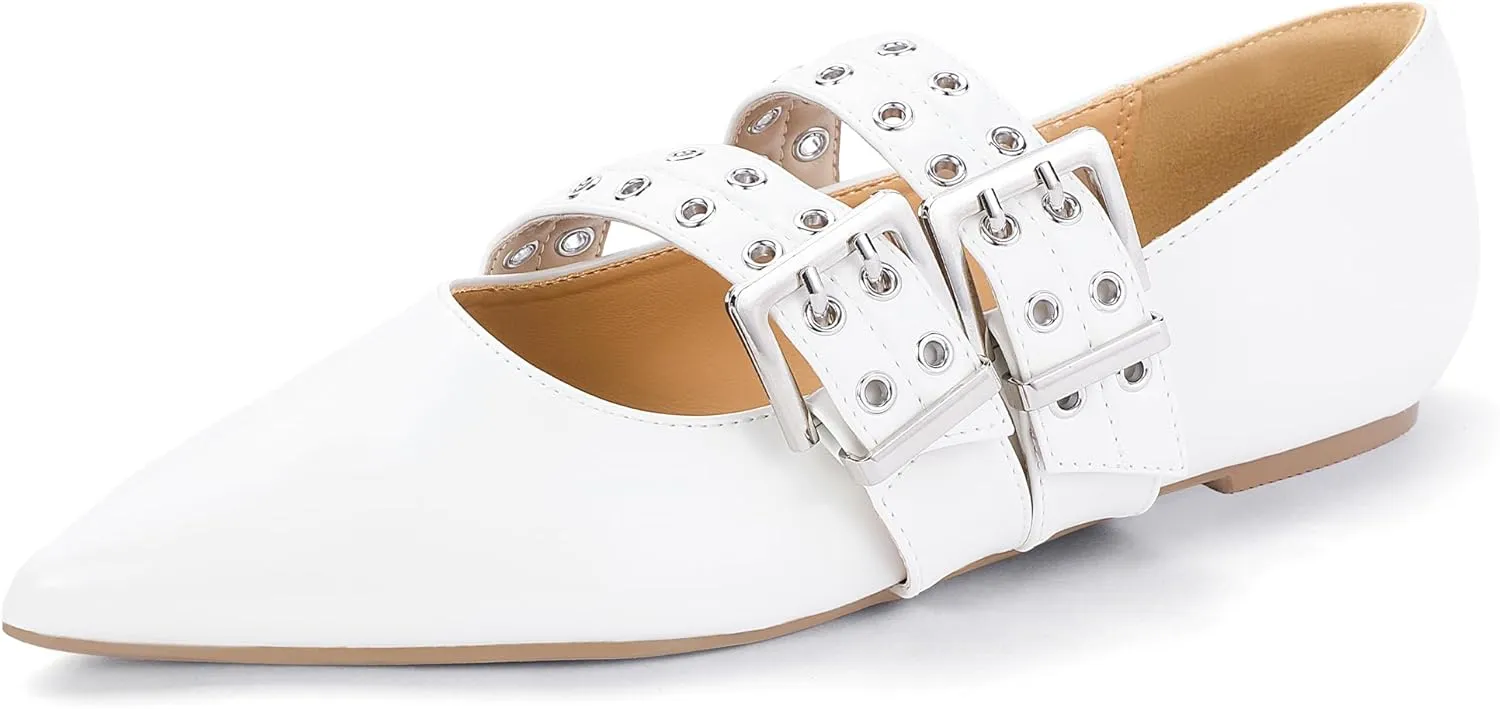 IDIFU Mary Jane Ballet Flats for Women Closed Pointed Toe Double Straps Slip on Buckle Shoes Work Bridal Wedding Prom Office Ladies Casual Dress Shoes Comfortable Fashion Trendy Dressy Flat Shoes