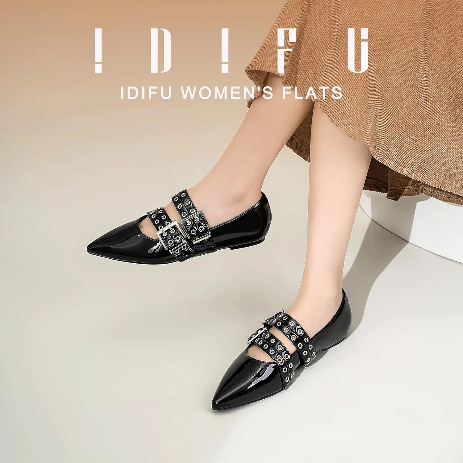 IDIFU Mary Jane Ballet Flats for Women Closed Pointed Toe Double Straps Slip on Buckle Shoes Work Bridal Wedding Prom Office Ladies Casual Dress Shoes Comfortable Fashion Trendy Dressy Flat Shoes