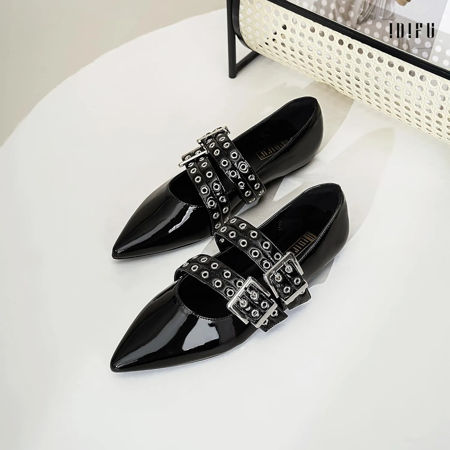 IDIFU Mary Jane Ballet Flats for Women Closed Pointed Toe Double Straps Slip on Buckle Shoes Work Bridal Wedding Prom Office Ladies Casual Dress Shoes Comfortable Fashion Trendy Dressy Flat Shoes