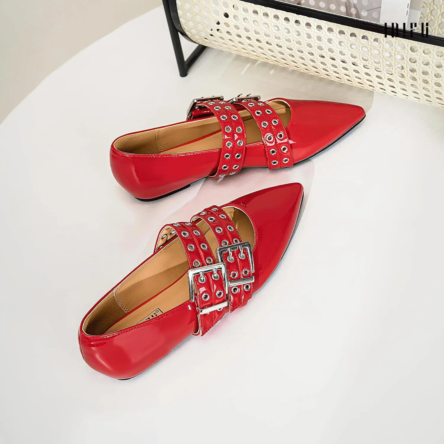 IDIFU Mary Jane Ballet Flats for Women Closed Pointed Toe Double Straps Slip on Buckle Shoes Work Bridal Wedding Prom Office Ladies Casual Dress Shoes Comfortable Fashion Trendy Dressy Flat Shoes