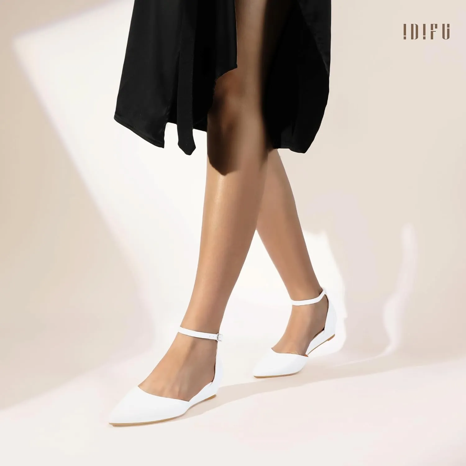 IDIFU Women's Low Wedge Flats Closed Pointed Toe Dress Shoes for Women with Adjustable Ankle Strap Wedding Bridal Work Office Business Prom Comfortable Dressy Casual Formal Cute Flat Shoes