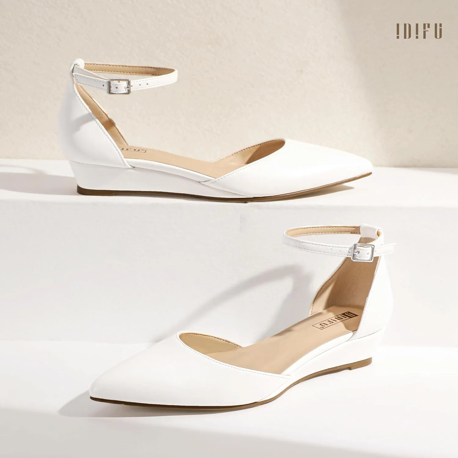 IDIFU Women's Low Wedge Flats Closed Pointed Toe Dress Shoes for Women with Adjustable Ankle Strap Wedding Bridal Work Office Business Prom Comfortable Dressy Casual Formal Cute Flat Shoes