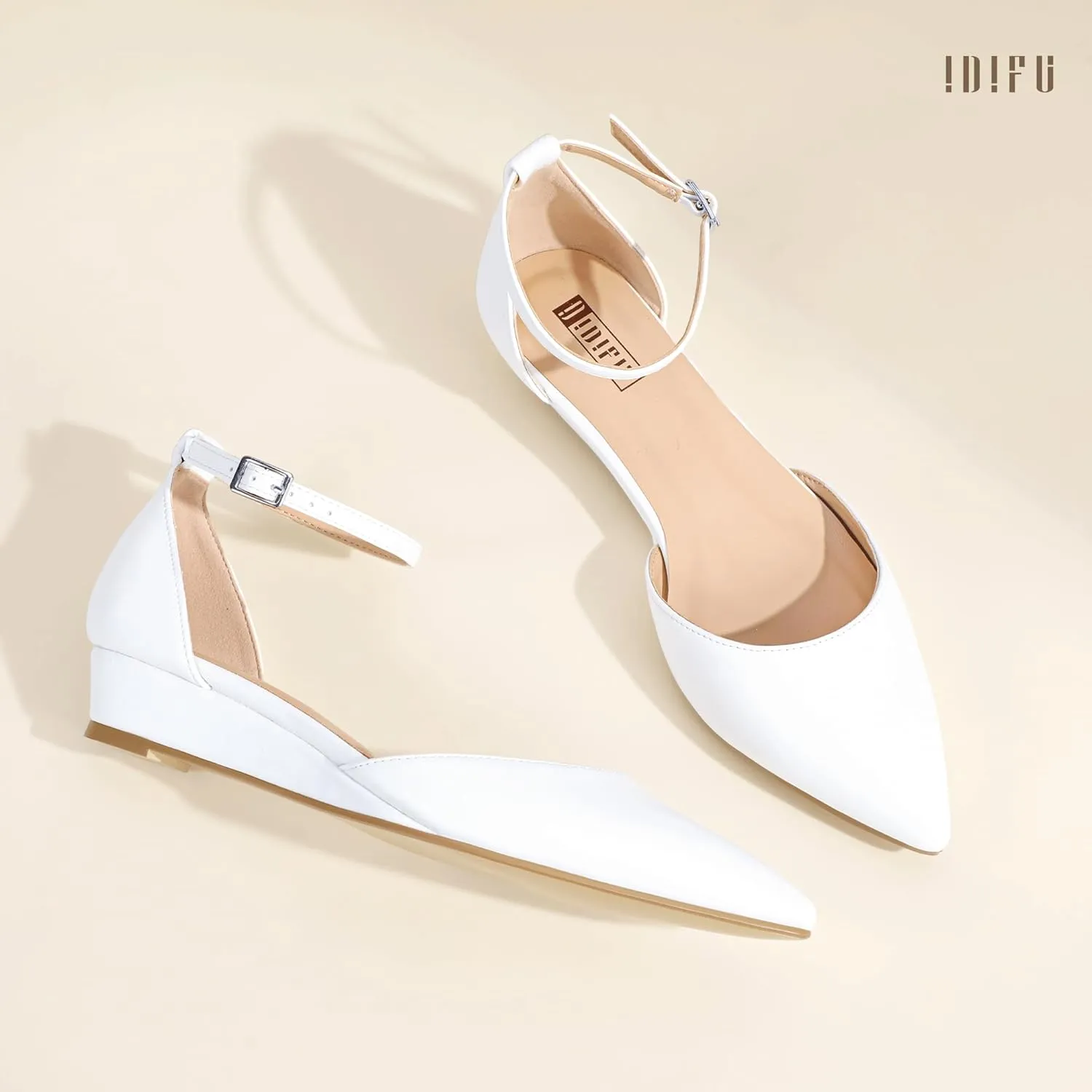 IDIFU Women's Low Wedge Flats Closed Pointed Toe Dress Shoes for Women with Adjustable Ankle Strap Wedding Bridal Work Office Business Prom Comfortable Dressy Casual Formal Cute Flat Shoes