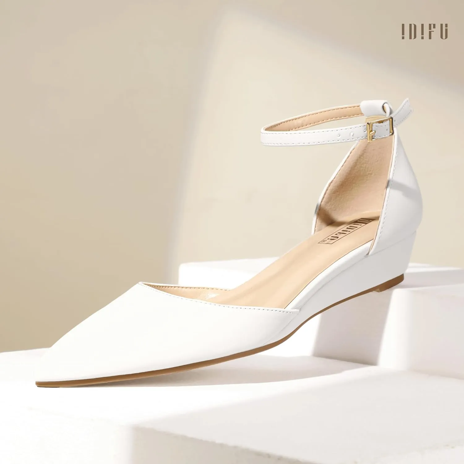 IDIFU Women's Low Wedge Flats Closed Pointed Toe Dress Shoes for Women with Adjustable Ankle Strap Wedding Bridal Work Office Business Prom Comfortable Dressy Casual Formal Cute Flat Shoes