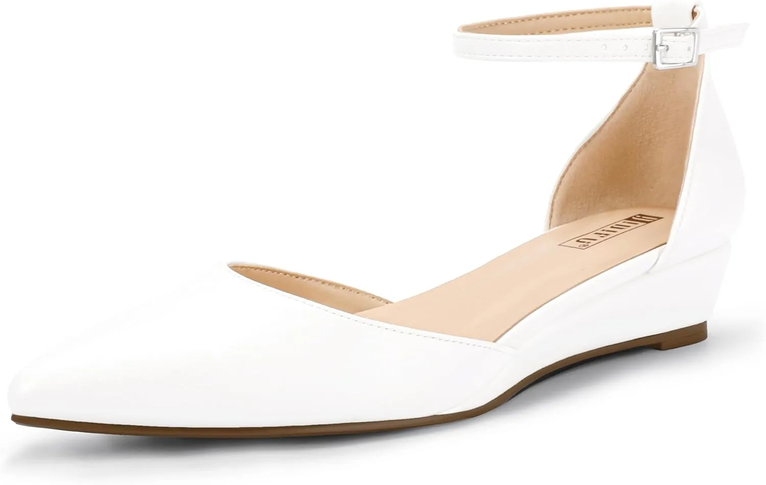 IDIFU Women's Low Wedge Flats Closed Pointed Toe Dress Shoes for Women with Adjustable Ankle Strap Wedding Bridal Work Office Business Prom Comfortable Dressy Casual Formal Cute Flat Shoes