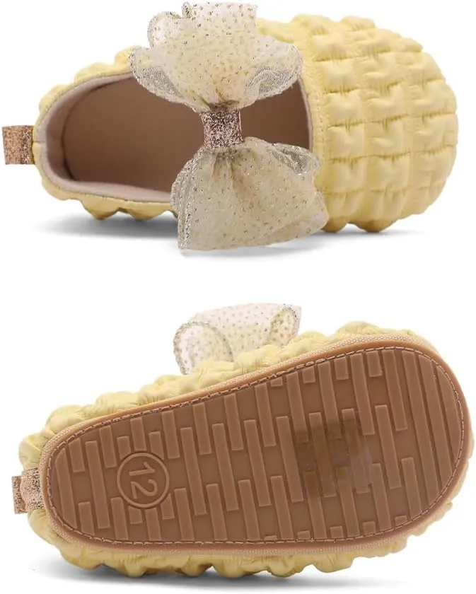 Infant Baby Girls Mary Jane Flats with Crown Headband Soft Sole Non-Slip PU Leather Princess Dress Shoes for Wedding First Walkers Lightweight Sparkly Design