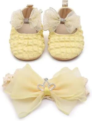Infant Baby Girls Mary Jane Flats with Crown Headband Soft Sole Non-Slip PU Leather Princess Dress Shoes for Wedding First Walkers Lightweight Sparkly Design