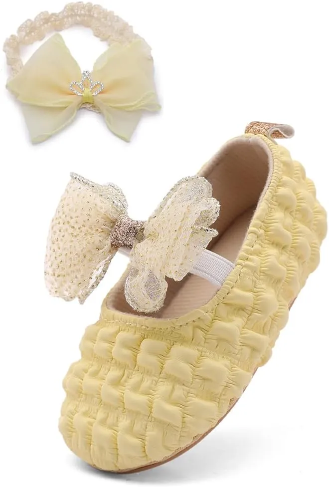 Infant Baby Girls Mary Jane Flats with Crown Headband Soft Sole Non-Slip PU Leather Princess Dress Shoes for Wedding First Walkers Lightweight Sparkly Design