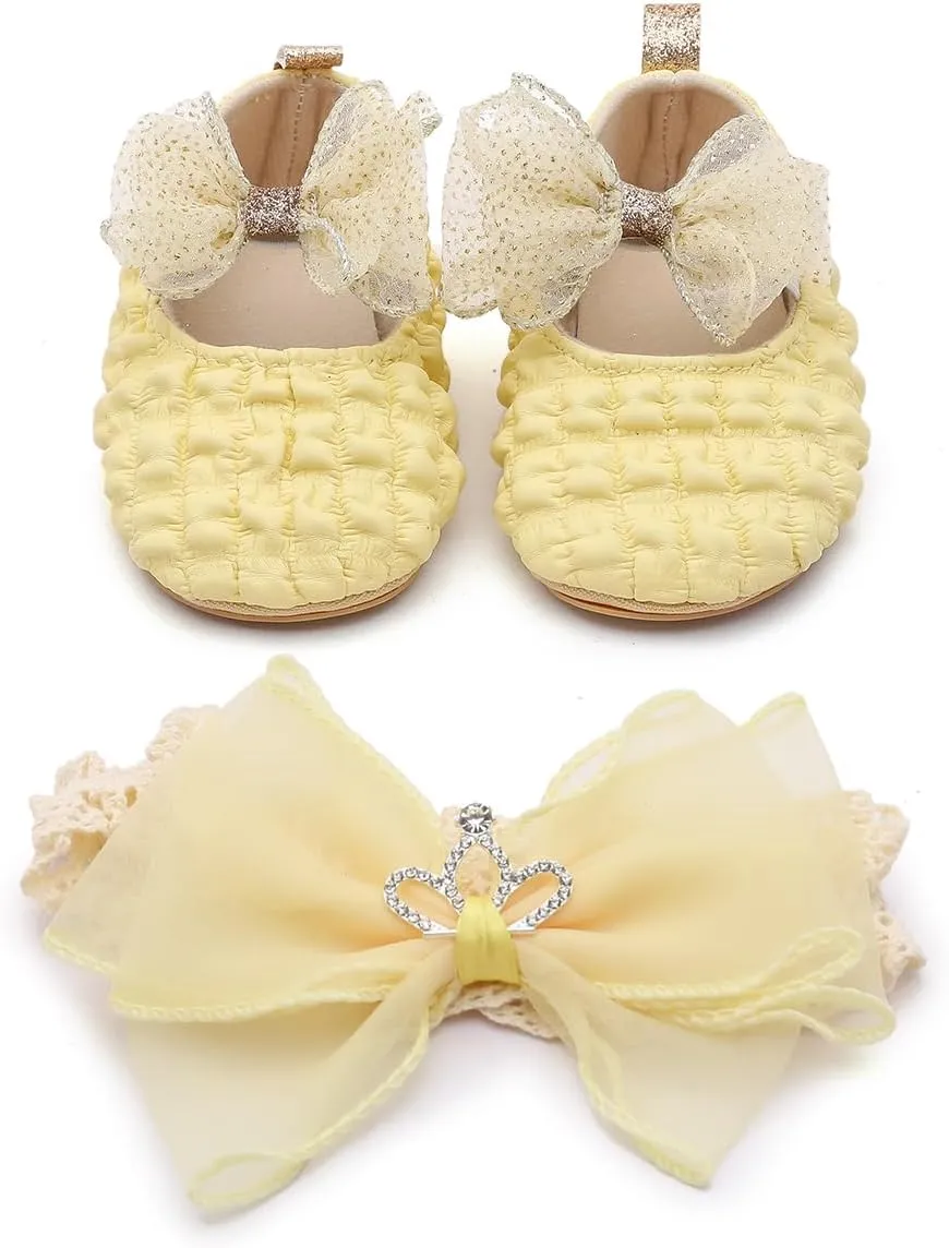 Infant Baby Girls Mary Jane Flats with Crown Headband Soft Sole Non-Slip PU Leather Princess Dress Shoes for Wedding First Walkers Lightweight Sparkly Design