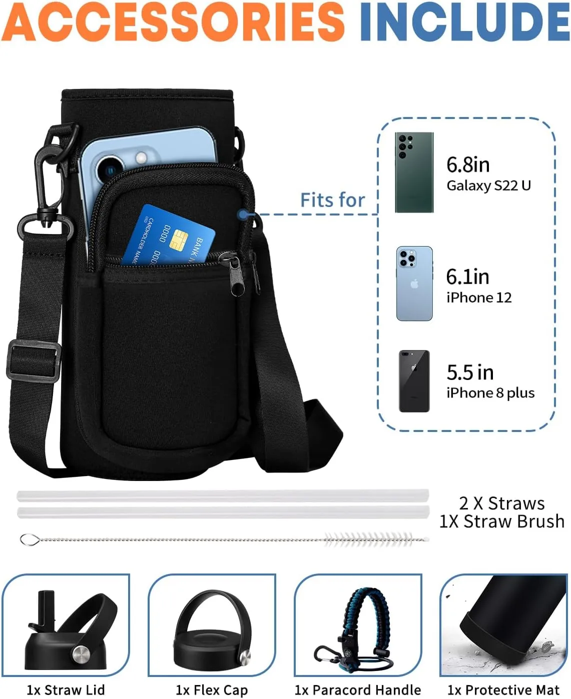 Insulated Water Bottle 40oz with Straw - Paracord Handle, Flex Cap, Bottle Holder with Strap & Silicone Cup boot, Vacuum Stainless Steel Water Bottles, Gym Water Flask Metal Jug Keep Cold 48H Hot 24H