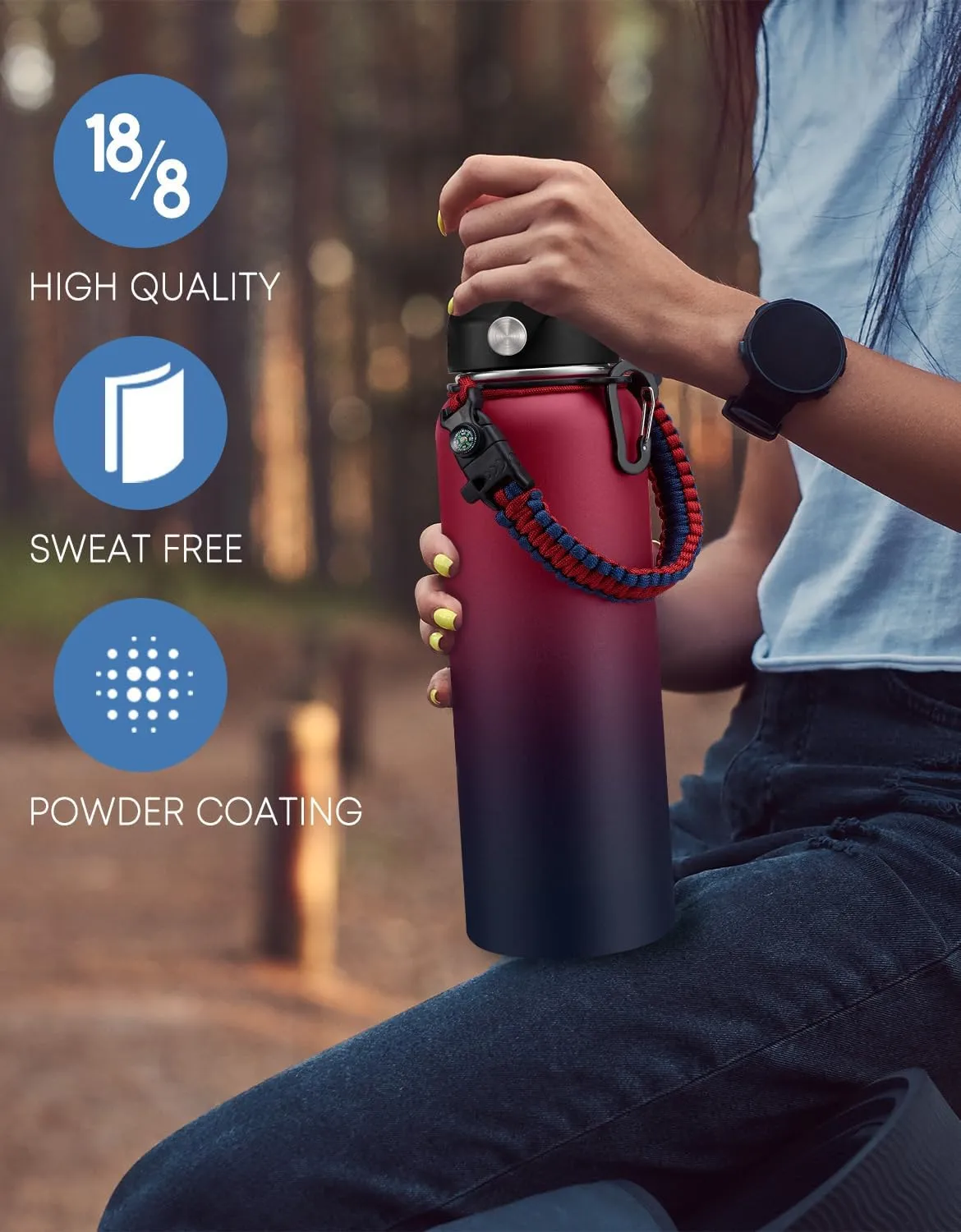 Insulated Water Bottle 40oz with Straw - Paracord Handle, Flex Cap, Bottle Holder with Strap & Silicone Cup boot, Vacuum Stainless Steel Water Bottles, Gym Water Flask Metal Jug Keep Cold 48H Hot 24H