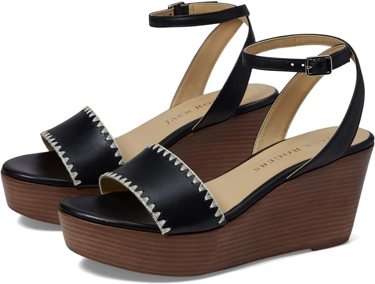 Jack Rogers Flagler Stitch Wedge Sandals for Women – Open Toe – Cork Upper – Stitching Detail – Rubber Outsole