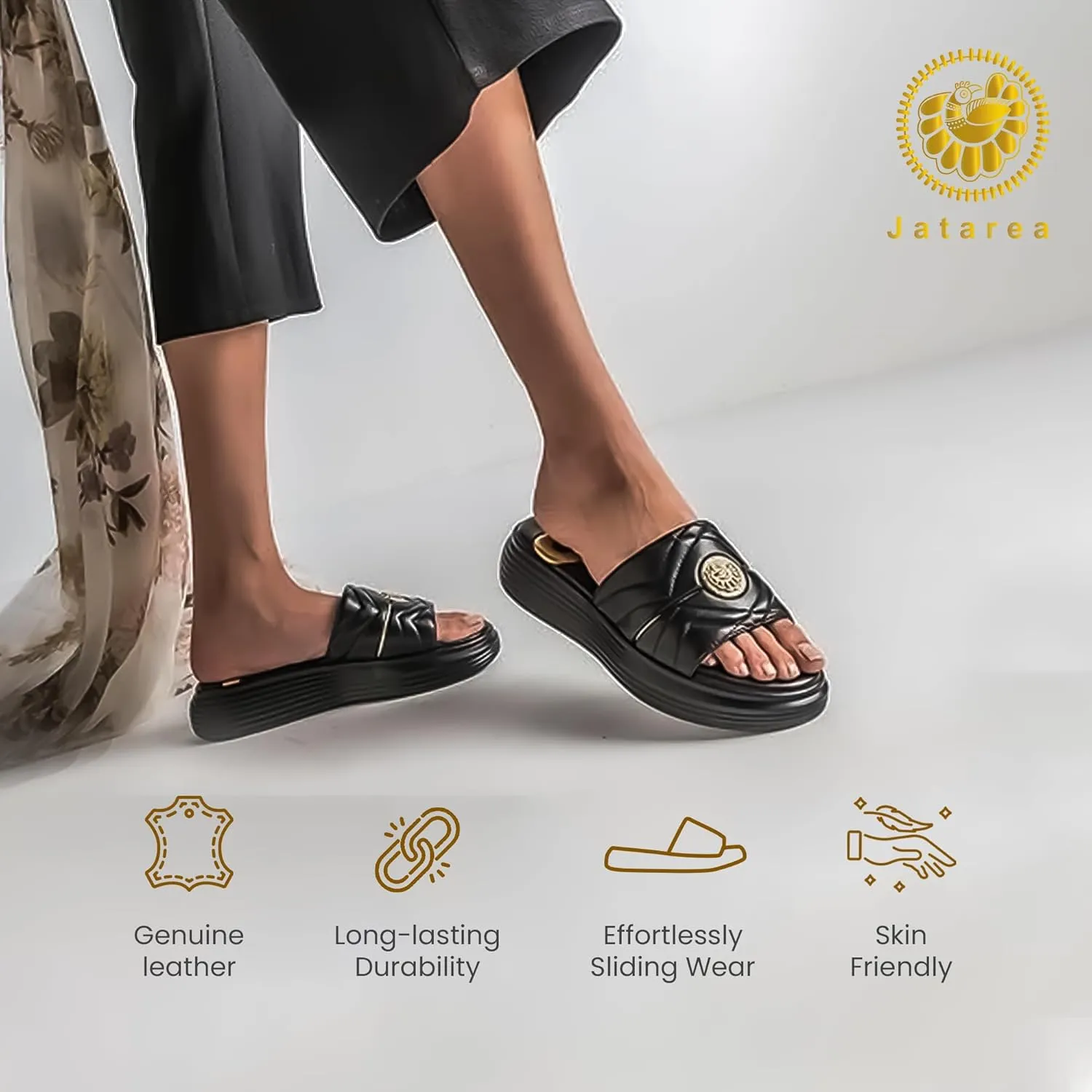 JATAREA Platform Women Sandal - Round Open-Toe Leather Summer Sandals for Women