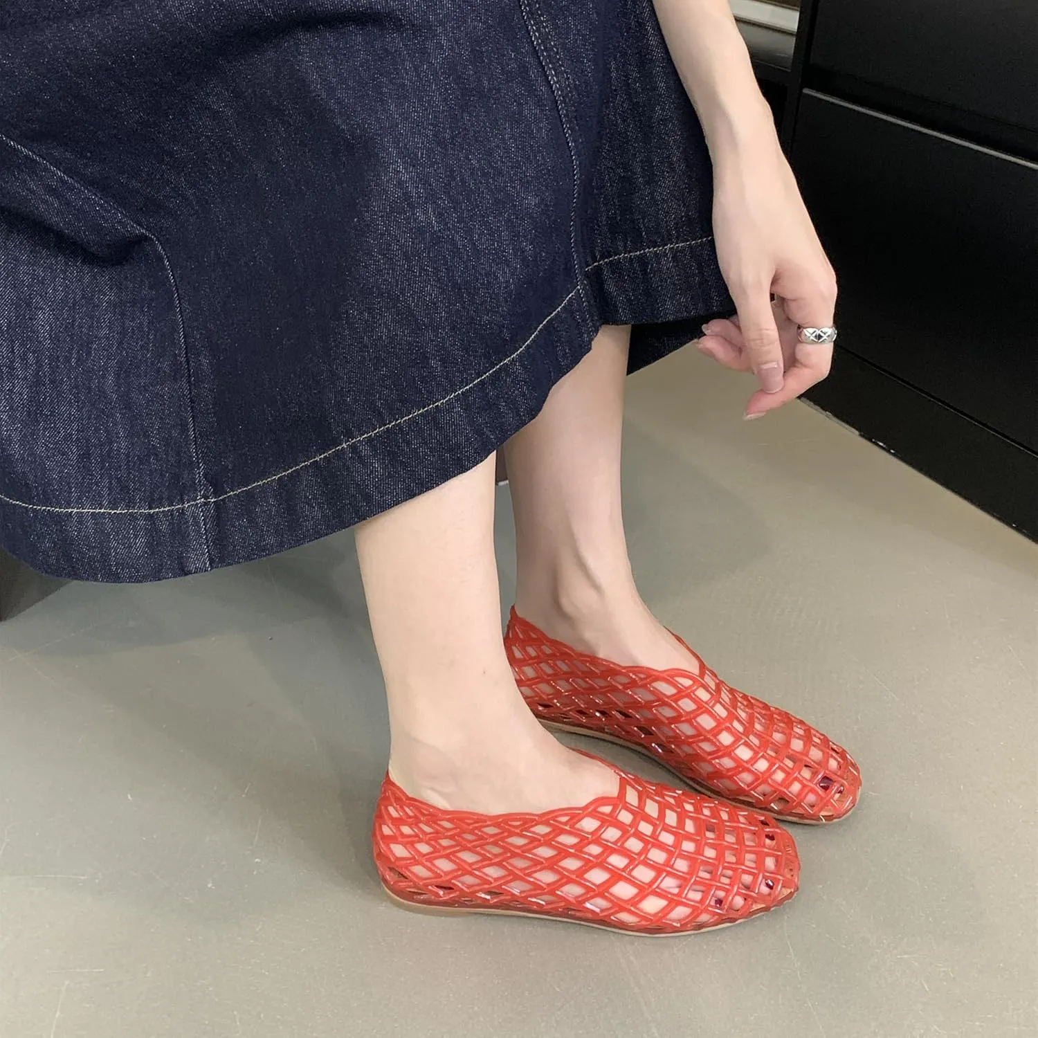 Jelly Mesh Ballet Flats for Women Clear Hollow Jelly Shoes Sandals Round Toe Non-Slip Beach Ballerina Jellies Flats Shoes