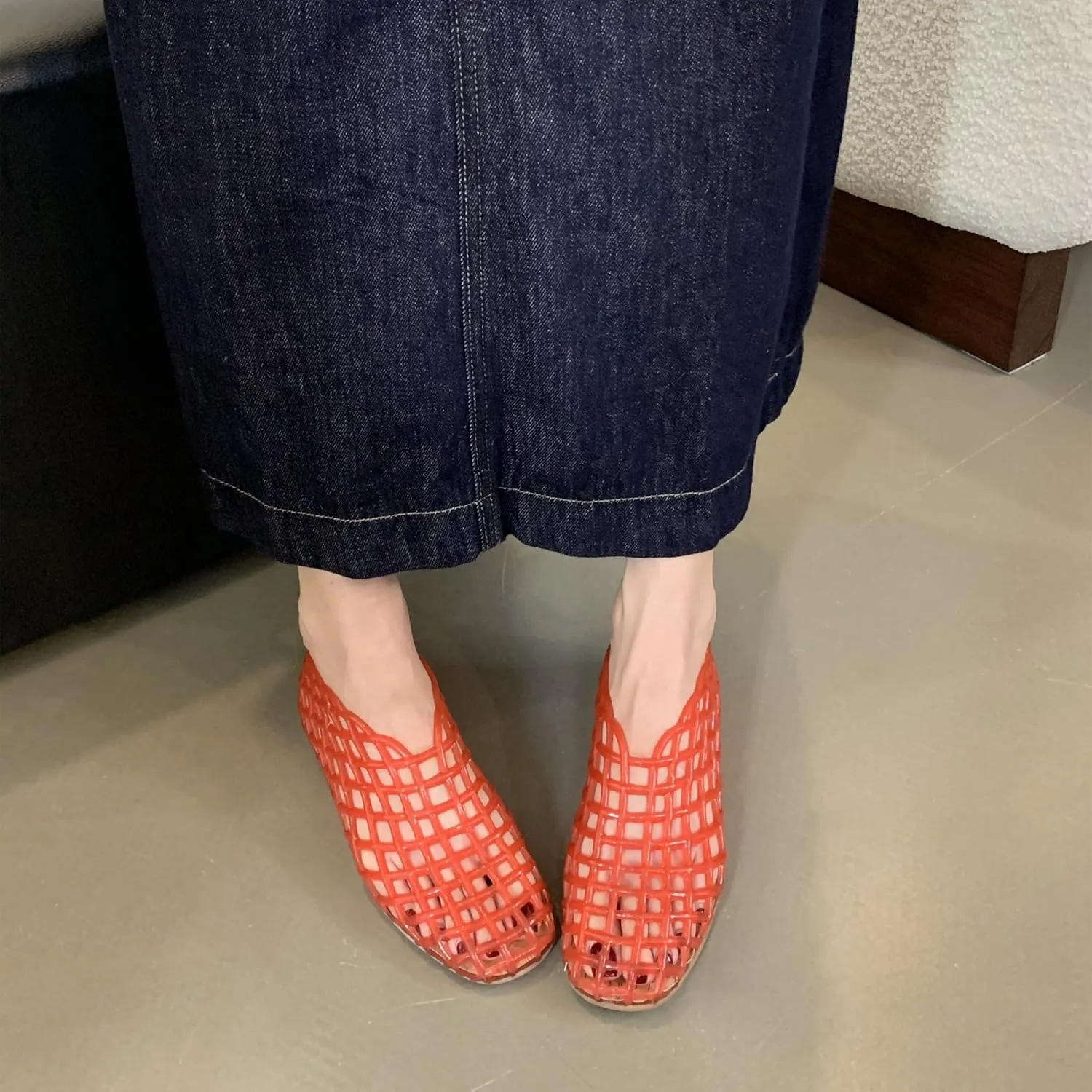 Jelly Mesh Ballet Flats for Women Clear Hollow Jelly Shoes Sandals Round Toe Non-Slip Beach Ballerina Jellies Flats Shoes