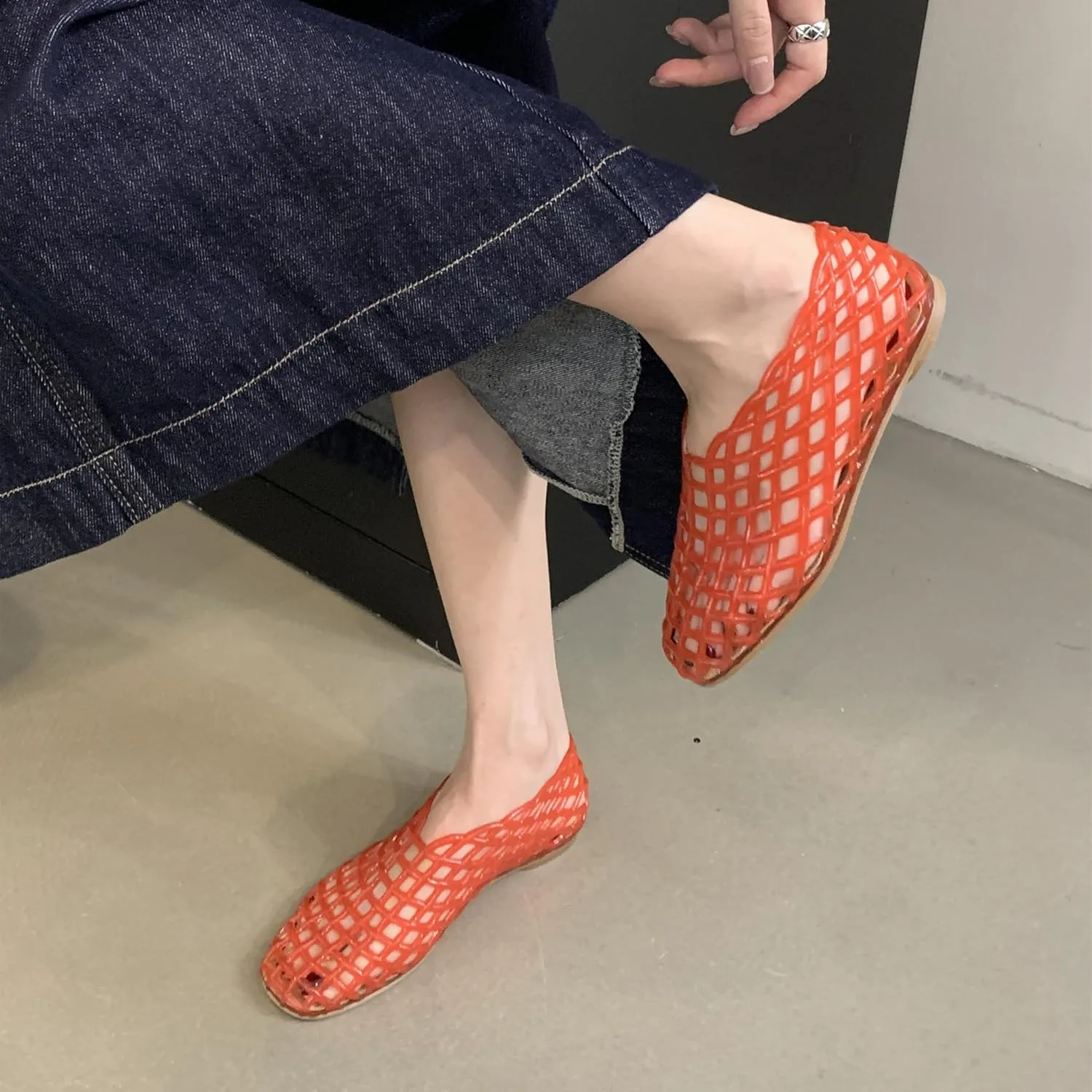 Jelly Mesh Ballet Flats for Women Clear Hollow Jelly Shoes Sandals Round Toe Non-Slip Beach Ballerina Jellies Flats Shoes