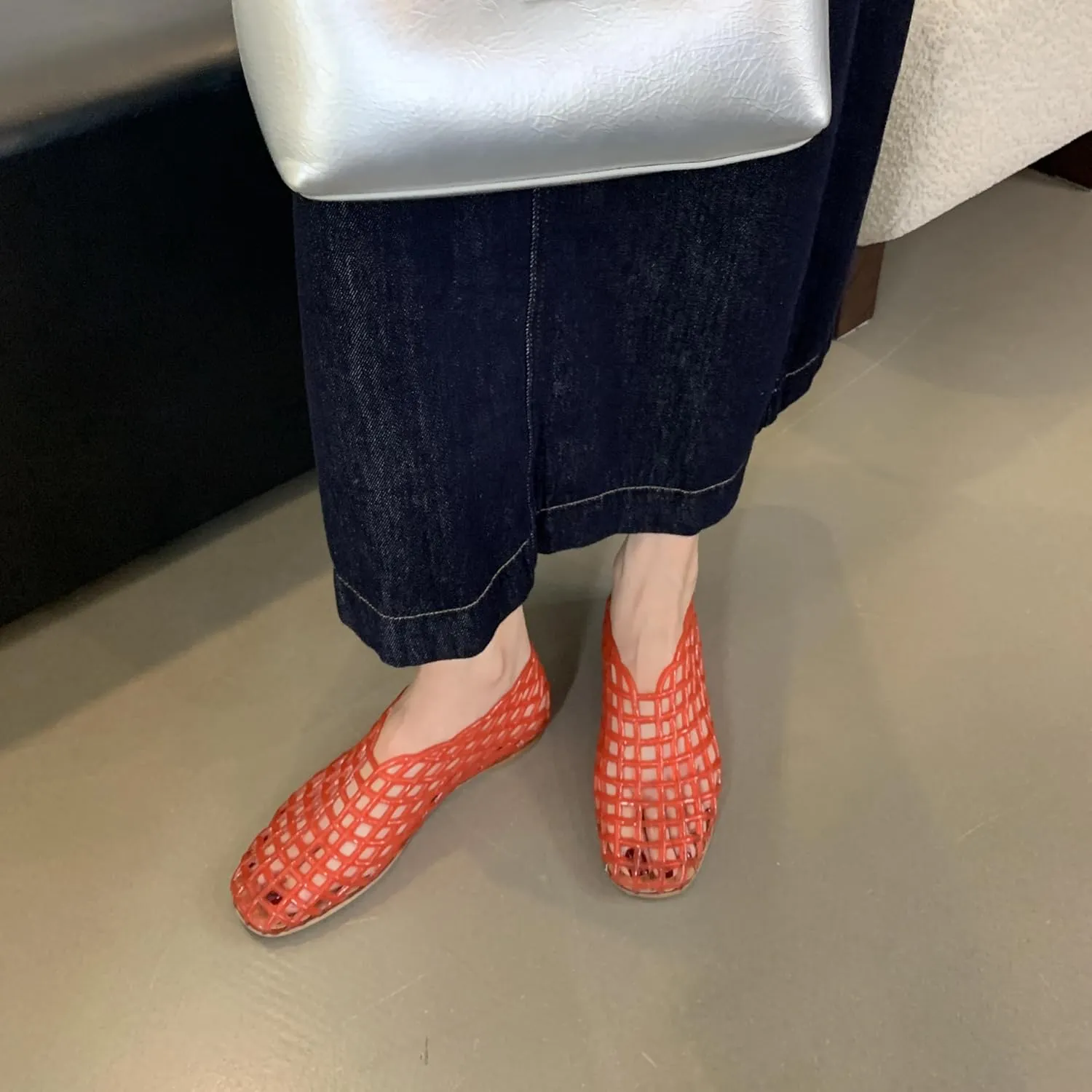 Jelly Mesh Ballet Flats for Women Clear Hollow Jelly Shoes Sandals Round Toe Non-Slip Beach Ballerina Jellies Flats Shoes