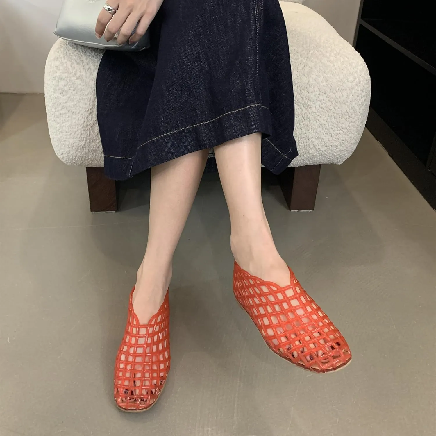 Jelly Mesh Ballet Flats for Women Clear Hollow Jelly Shoes Sandals Round Toe Non-Slip Beach Ballerina Jellies Flats Shoes